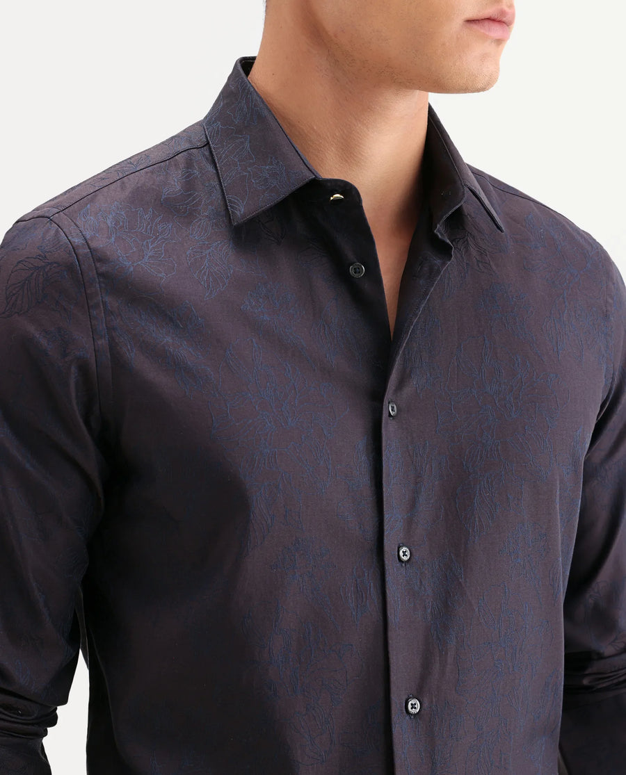 Rare Rabbit Men's Oxon Maroon Cotton Fabric Full Sleeve Spread Collar Button Regular Floral Print Shirt
