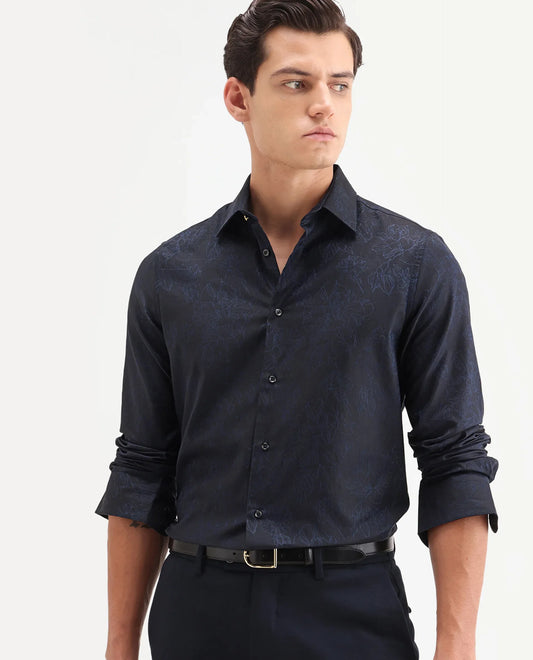 Rare Rabbit Men's Oxon Navy Cotton Fabric Full Sleeve Spread Collar Button Regular Floral Print Shirt