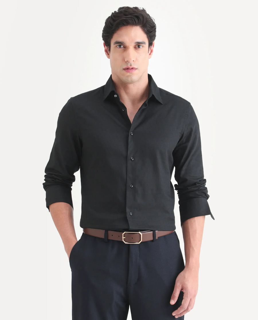 Rare Rabbit Men's Pemo Black Cotton Full Sleeve Spread Collar Regular Fit Jacquard Shirt
