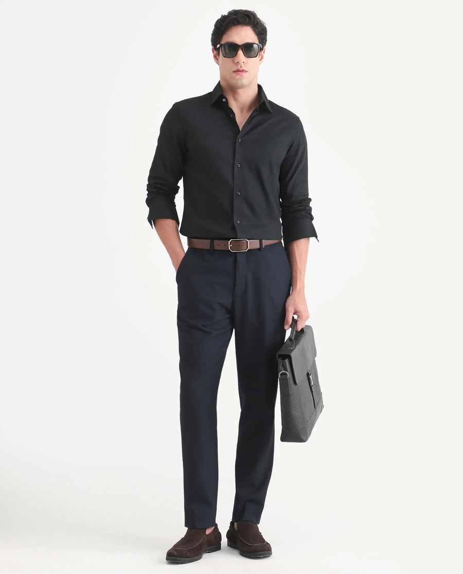 Rare Rabbit Men's Pemo Black Cotton Full Sleeve Spread Collar Regular Fit Jacquard Shirt