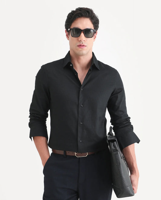 Rare Rabbit Men's Pemo Black Cotton Full Sleeve Spread Collar Regular Fit Jacquard Shirt