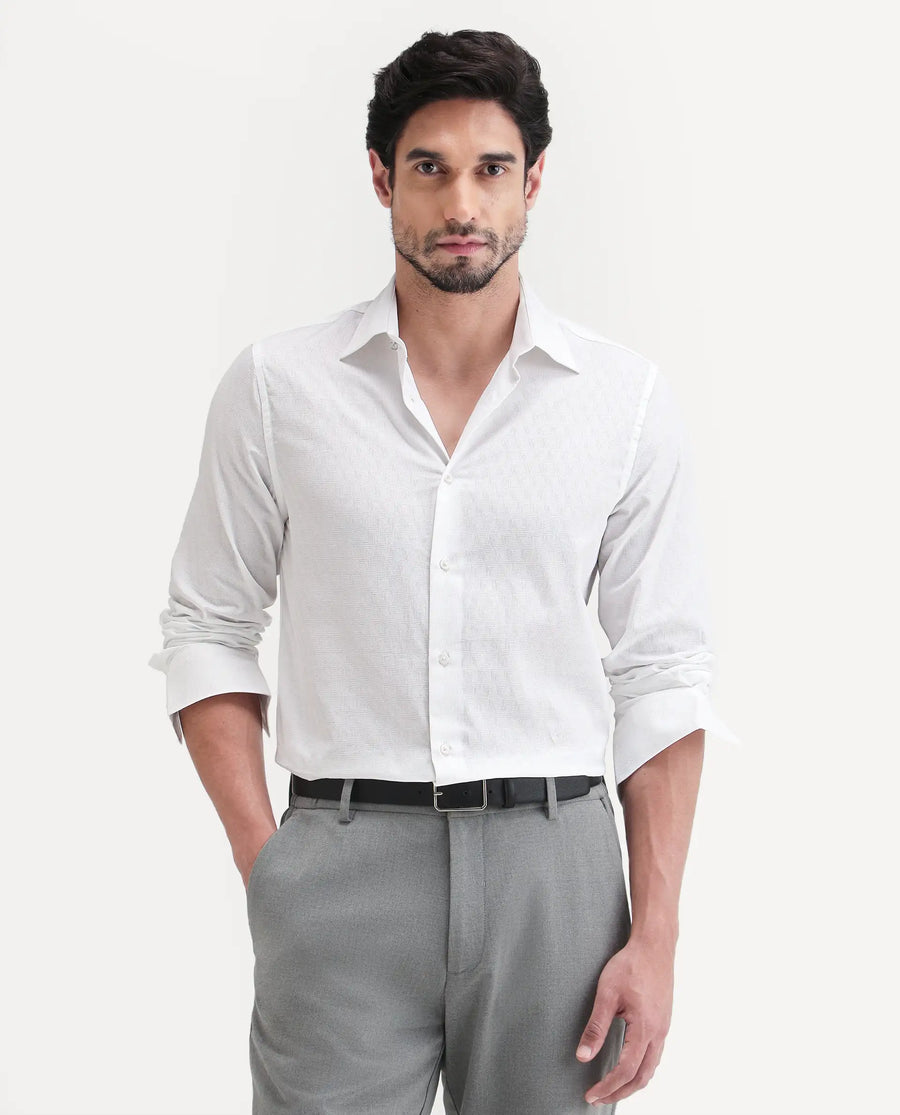Rare Rabbit Men's Pemo White Cotton Full Sleeve Spread Collar Regular Fit Jacquard Shirt