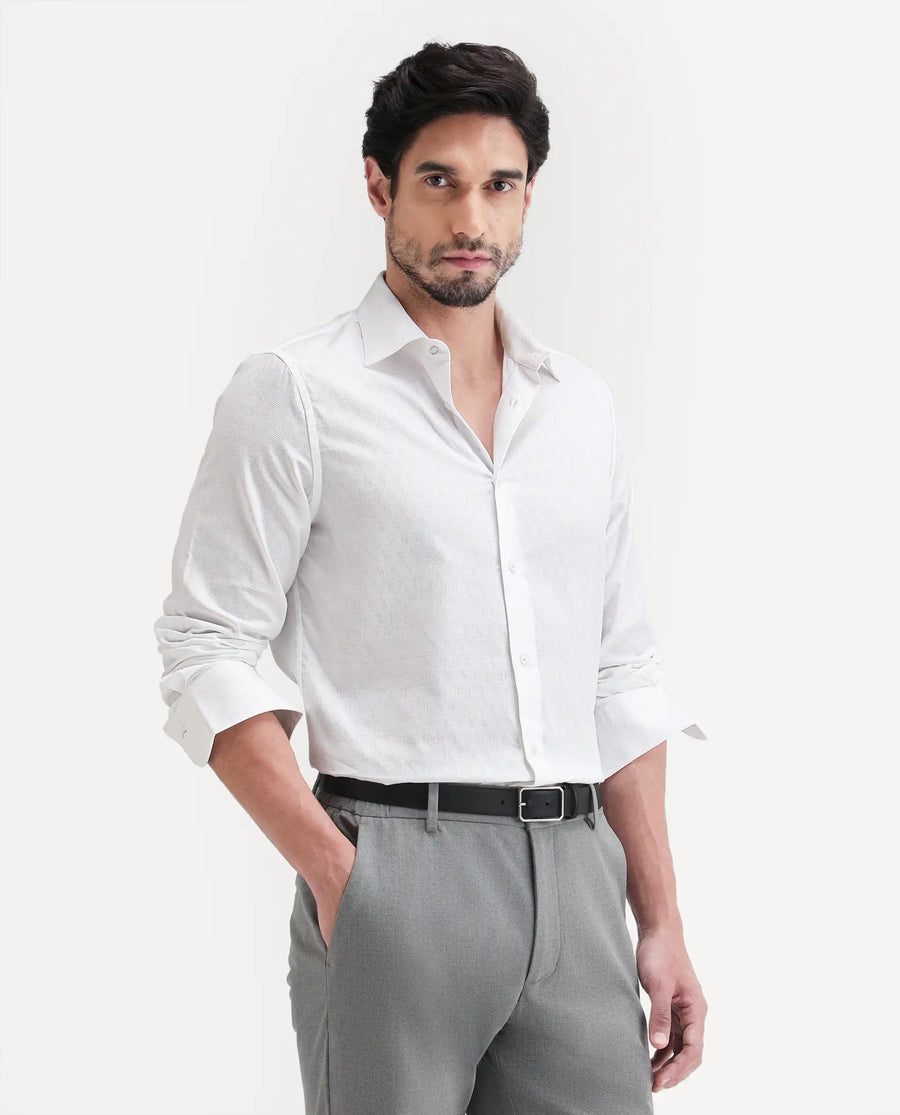 Rare Rabbit Men's Pemo White Cotton Full Sleeve Spread Collar Regular Fit Jacquard Shirt
