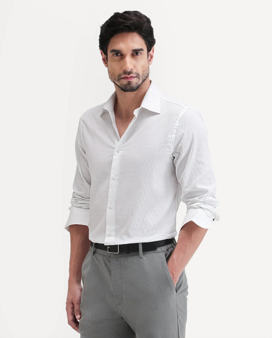 Rare Rabbit Men's Pemo White Cotton Full Sleeve Spread Collar Regular Fit Jacquard Shirt