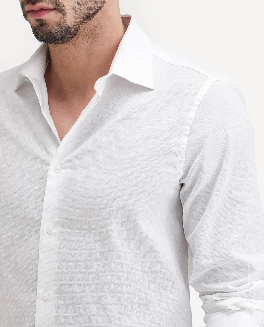 Rare Rabbit Men's Pemo White Cotton Full Sleeve Spread Collar Regular Fit Jacquard Shirt