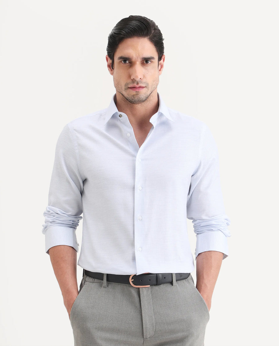 Rare Rabbit Men's Reef Light Blue Cotton Fabric Full Sleeve Spread Collar Button Regular Plain Shirt