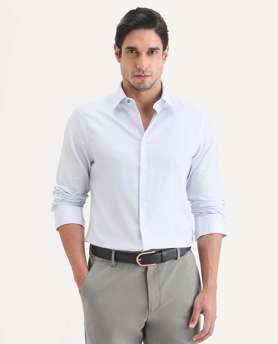 Rare Rabbit Men's Reef Light Blue Cotton Fabric Full Sleeve Spread Collar Button Regular Plain Shirt