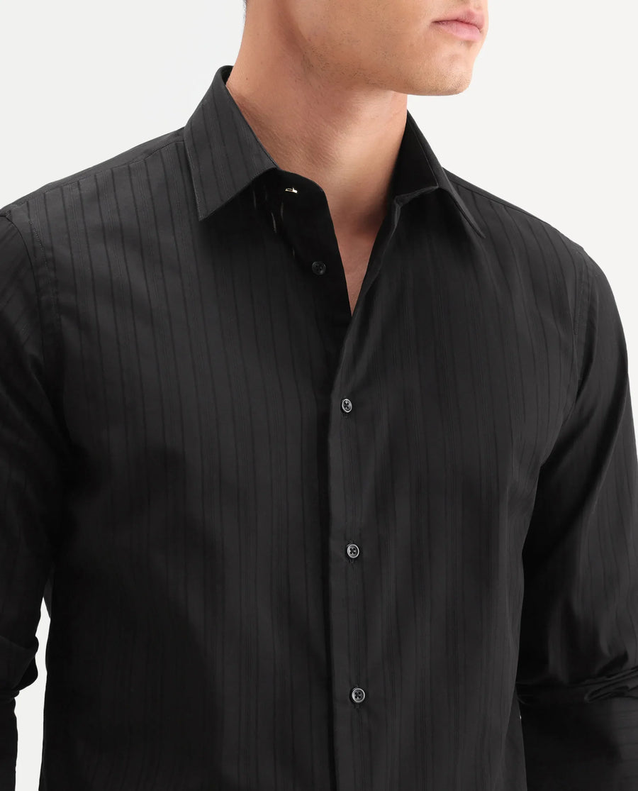 Rare Rabbit Men's Repo-26 Black Cotton Full Sleeve Spread Collar Regular Fit Striped Shirt