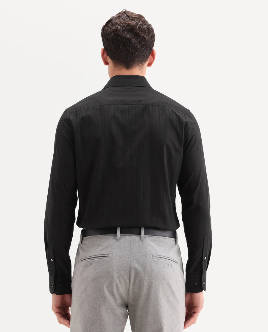 Rare Rabbit Men's Repo-26 Black Cotton Full Sleeve Spread Collar Regular Fit Striped Shirt