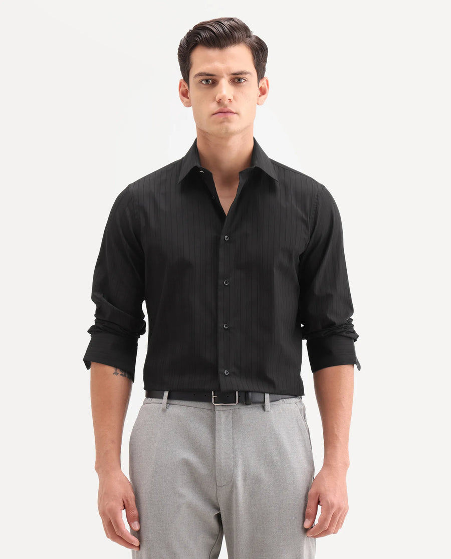 Rare Rabbit Men's Repo-26 Black Cotton Full Sleeve Spread Collar Regular Fit Striped Shirt