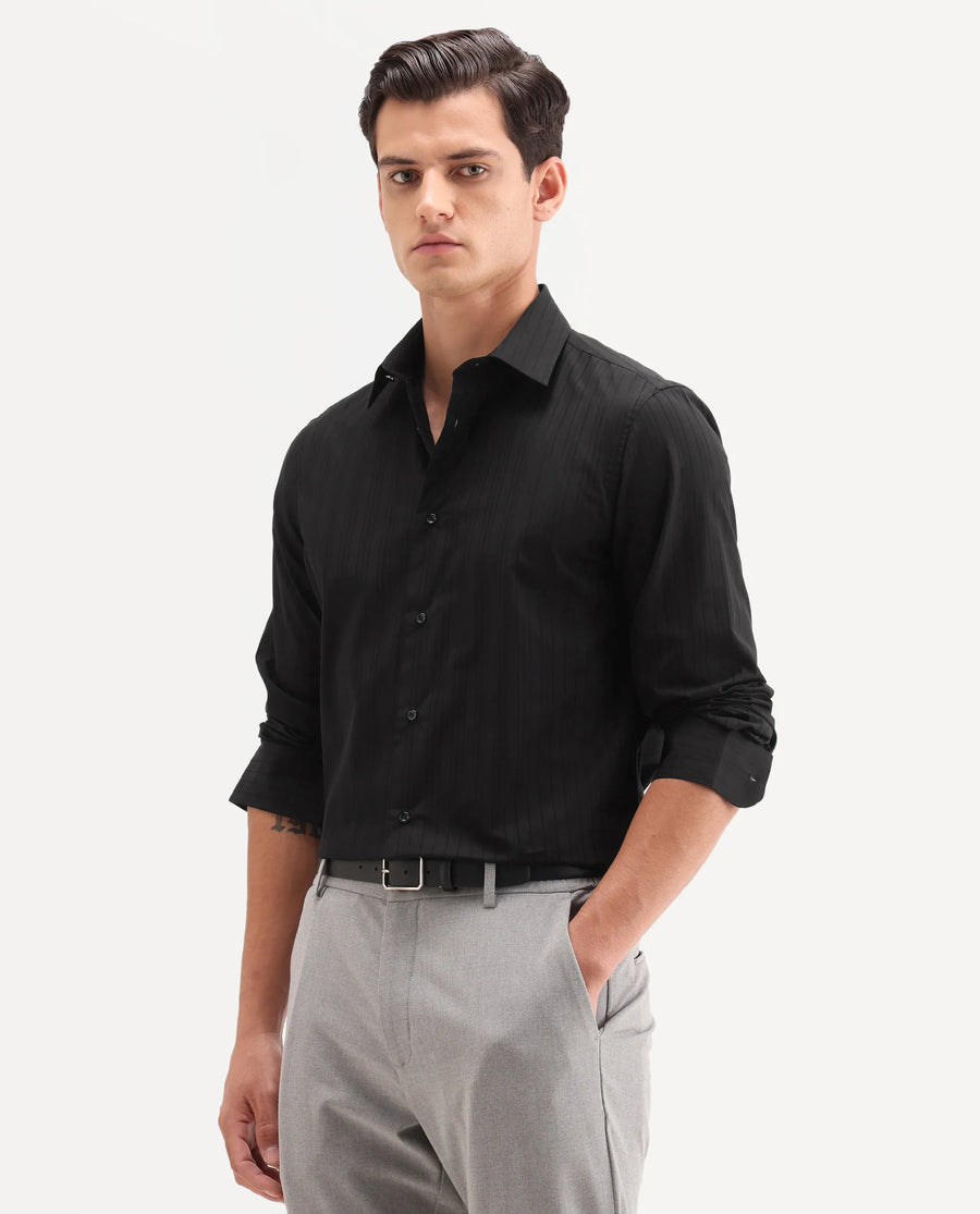 Rare Rabbit Men's Repo-26 Black Cotton Full Sleeve Spread Collar Regular Fit Striped Shirt