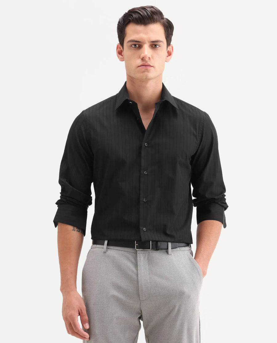 Rare Rabbit Men's Repo-26 Black Cotton Full Sleeve Spread Collar Regular Fit Striped Shirt