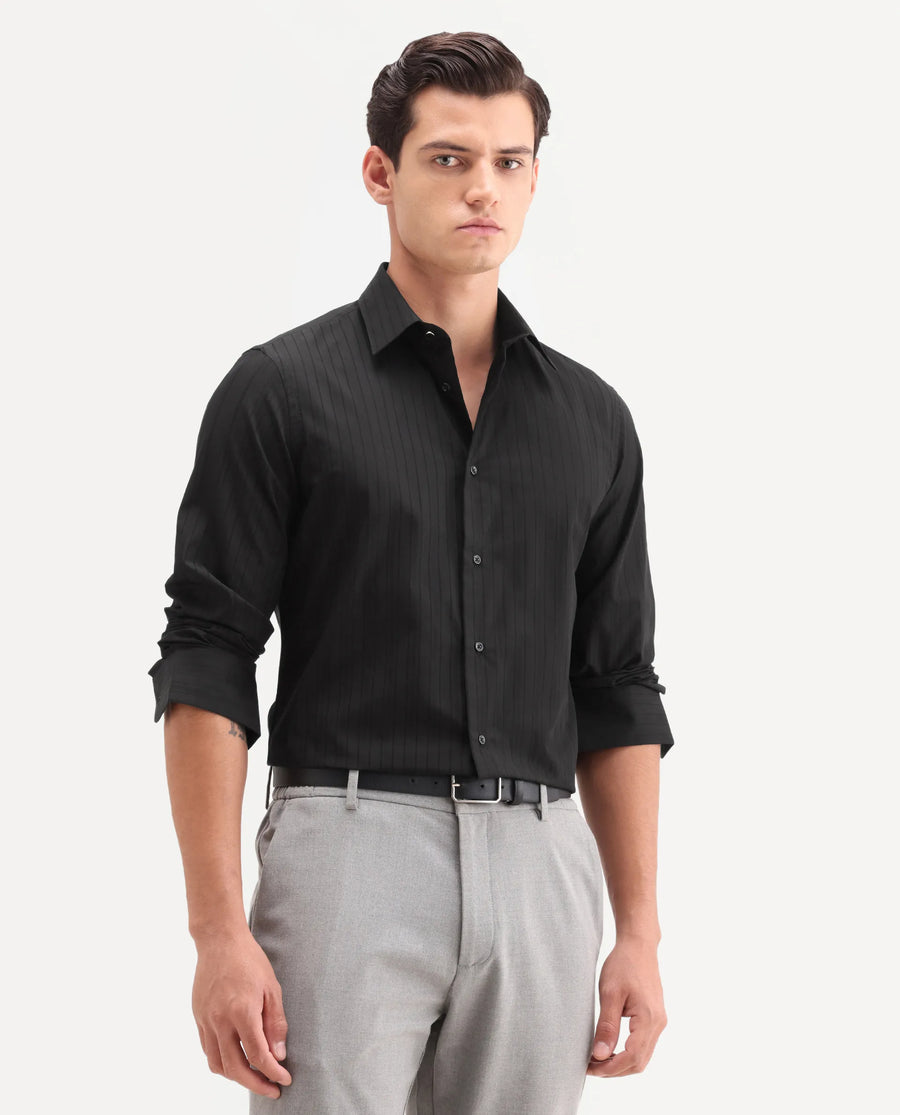 Rare Rabbit Men's Repo-26 Black Cotton Full Sleeve Spread Collar Regular Fit Striped Shirt