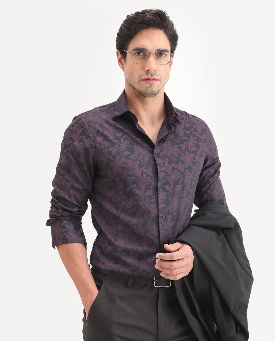 Rare Rabbit Men's Ringer Ls 26 Dark Purple Polyester Blend Fabric Full Sleeve Spread Collar Regular Fit Jacquard Shirt