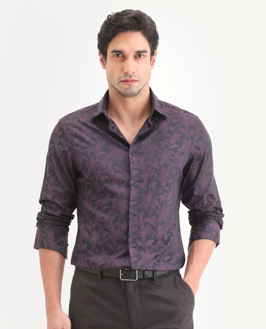 Rare Rabbit Men's Ringer Ls 26 Dark Purple Polyester Blend Fabric Full Sleeve Spread Collar Regular Fit Jacquard Shirt