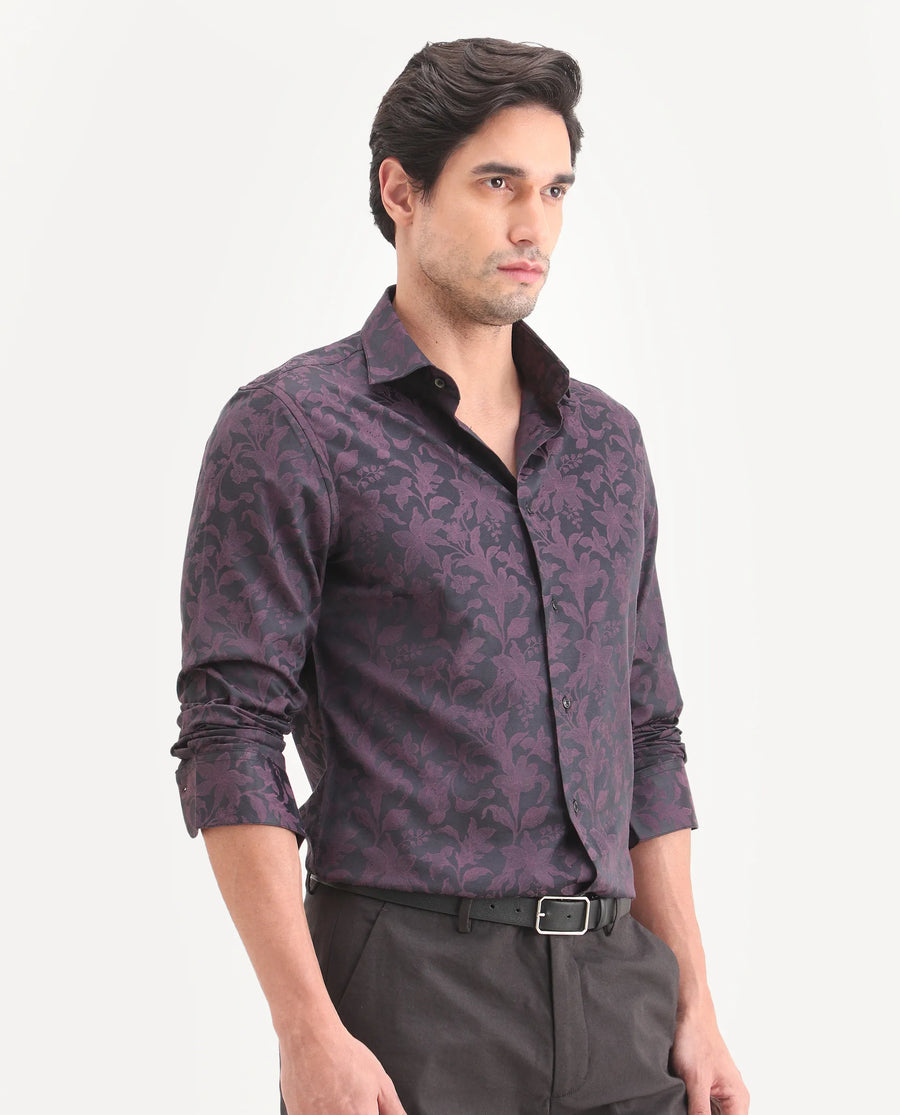 Rare Rabbit Men's Ringer Ls 26 Dark Purple Polyester Blend Fabric Full Sleeve Spread Collar Regular Fit Jacquard Shirt