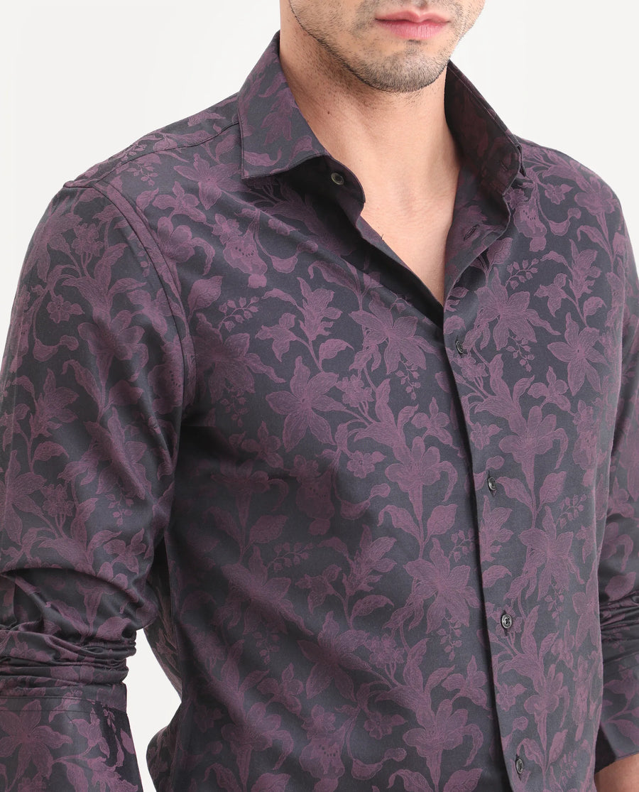 Rare Rabbit Men's Ringer Ls 26 Dark Purple Polyester Blend Fabric Full Sleeve Spread Collar Regular Fit Jacquard Shirt