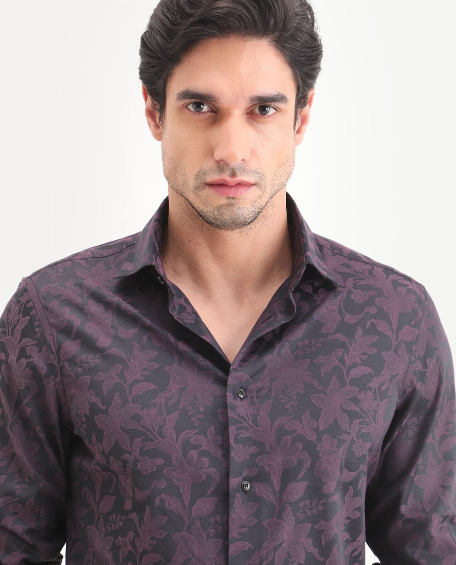 Rare Rabbit Men's Ringer Ls 26 Dark Purple Polyester Blend Fabric Full Sleeve Spread Collar Regular Fit Jacquard Shirt