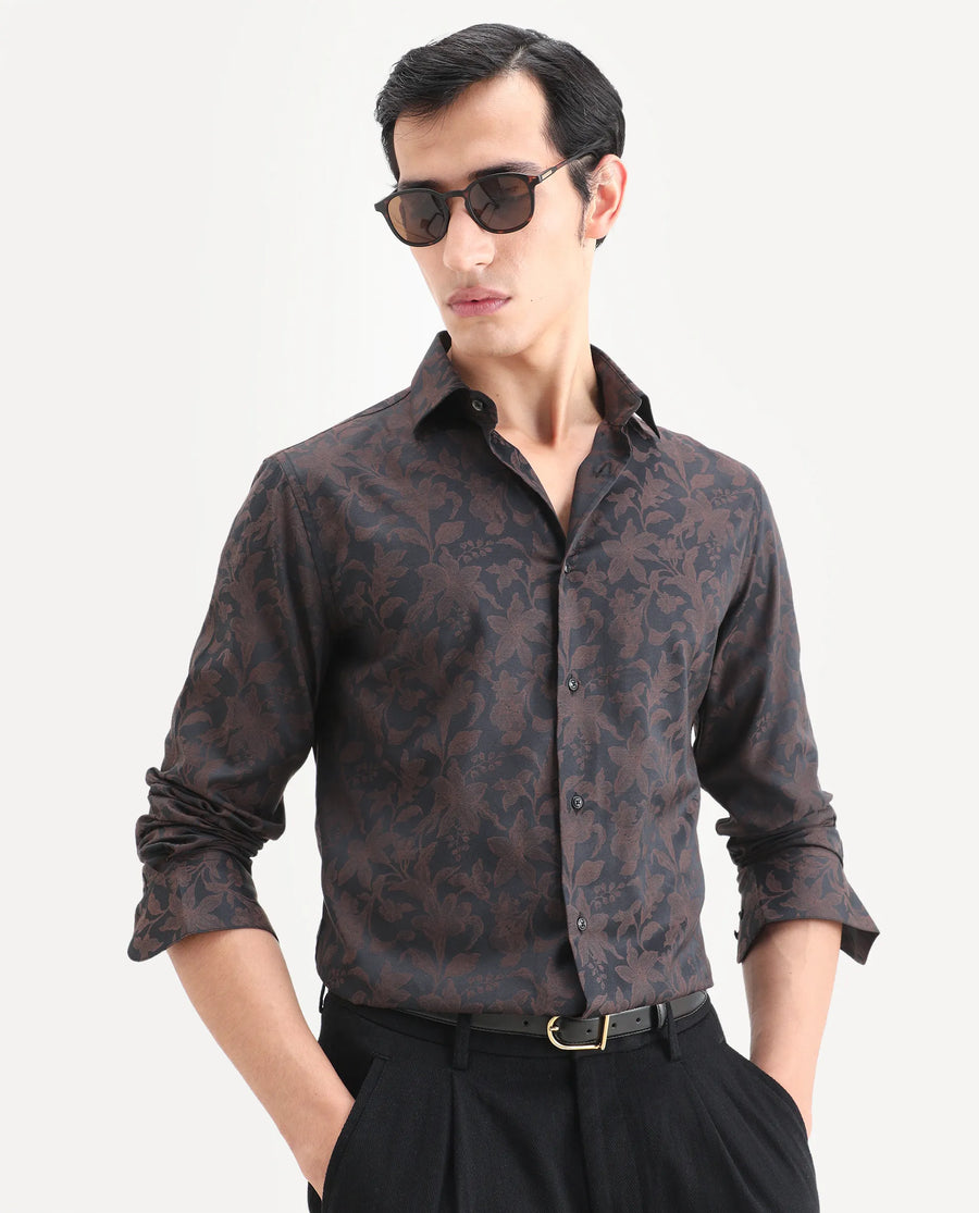 Rare Rabbit Men's Ringer Ls 26 Dark Brown Polyester Blend Fabric Full Sleeve Spread Collar Regular Fit Jacquard Shirt