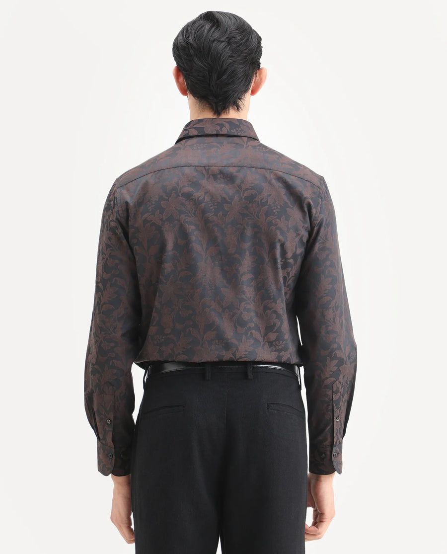 Rare Rabbit Men's Ringer Ls 26 Dark Brown Polyester Blend Fabric Full Sleeve Spread Collar Regular Fit Jacquard Shirt