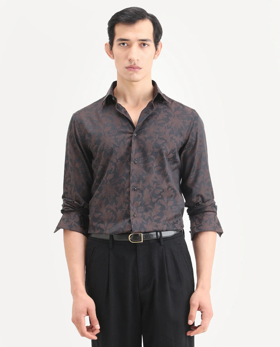 Rare Rabbit Men's Ringer Ls 26 Dark Brown Polyester Blend Fabric Full Sleeve Spread Collar Regular Fit Jacquard Shirt
