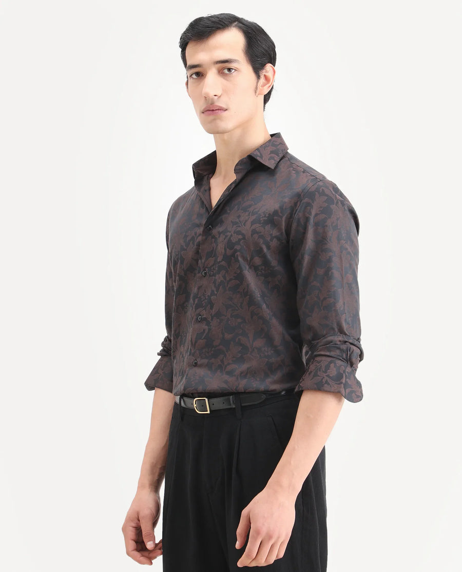 Rare Rabbit Men's Ringer Ls 26 Dark Brown Polyester Blend Fabric Full Sleeve Spread Collar Regular Fit Jacquard Shirt