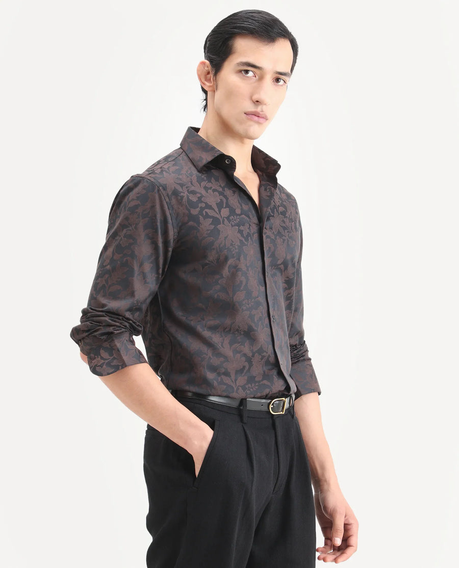 Rare Rabbit Men's Ringer Ls 26 Dark Brown Polyester Blend Fabric Full Sleeve Spread Collar Regular Fit Jacquard Shirt