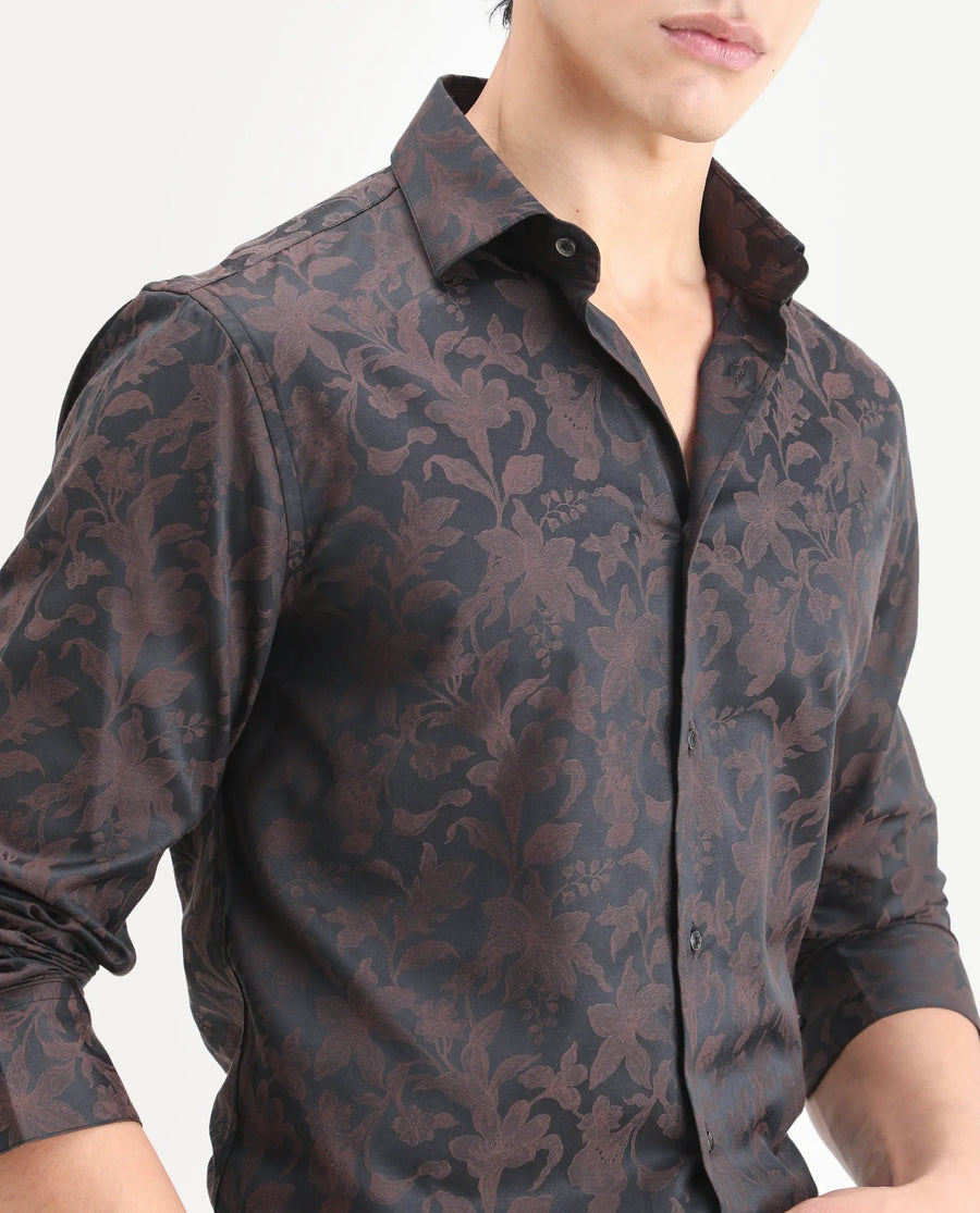 Rare Rabbit Men's Ringer Ls 26 Dark Brown Polyester Blend Fabric Full Sleeve Spread Collar Regular Fit Jacquard Shirt