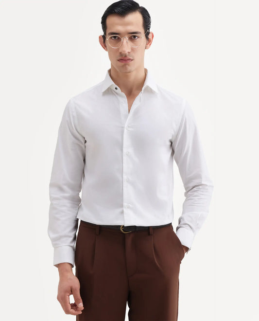 Rare Rabbit Men's Rutho White Cotton Full Sleeve Spread Collar Regular Fit Plain Shirt