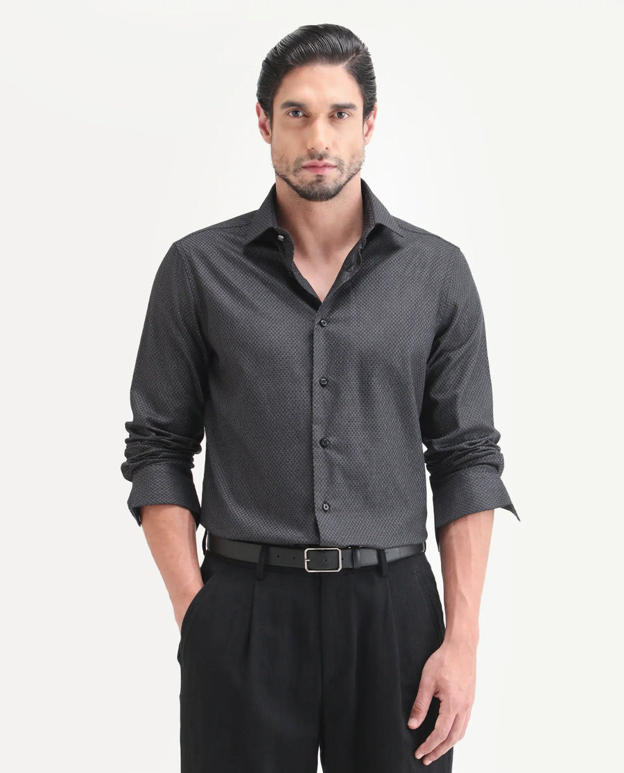 Rare Rabbit Men's Soga Black Cotton Fabric Full Sleeve Spread Collar Button Regular Geometric Print Shirt