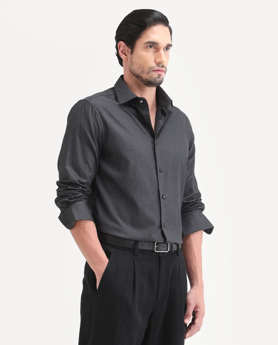 Rare Rabbit Men's Soga Black Cotton Fabric Full Sleeve Spread Collar Button Regular Geometric Print Shirt