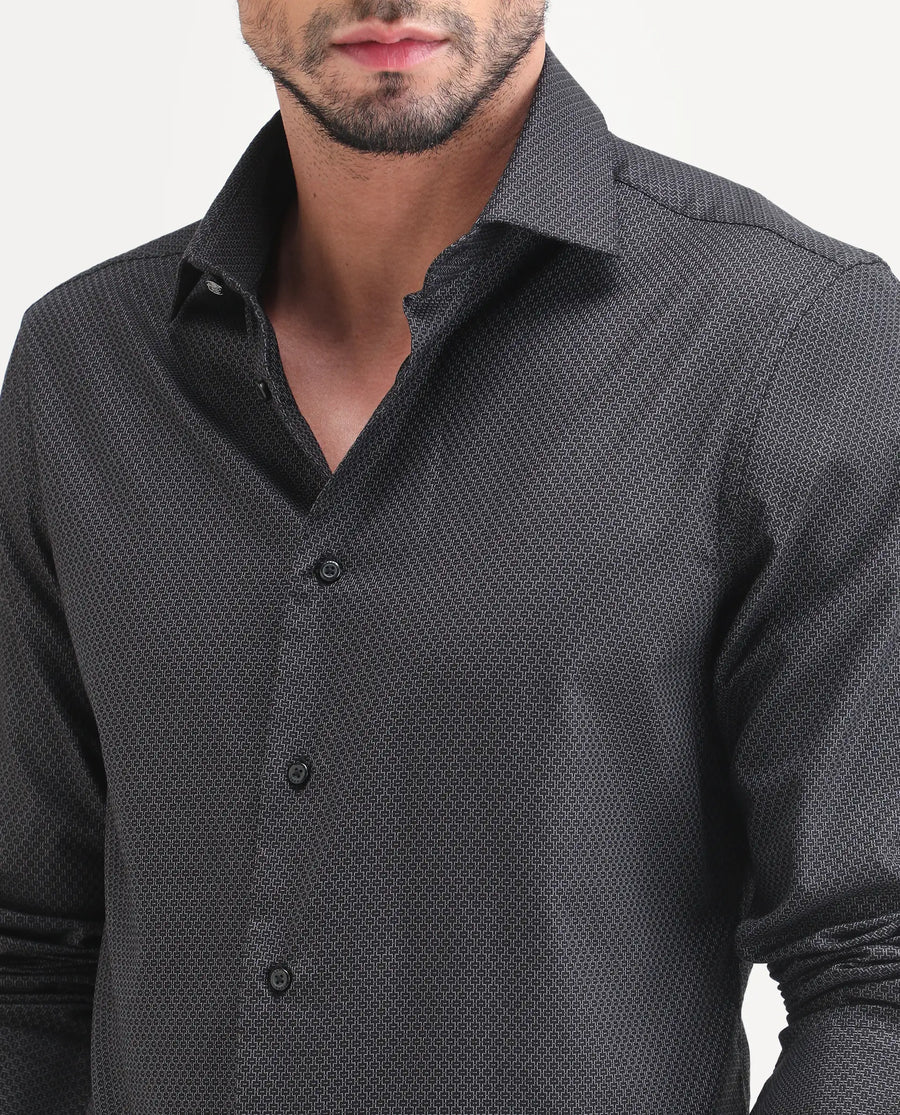 Rare Rabbit Men's Soga Black Cotton Fabric Full Sleeve Spread Collar Button Regular Geometric Print Shirt