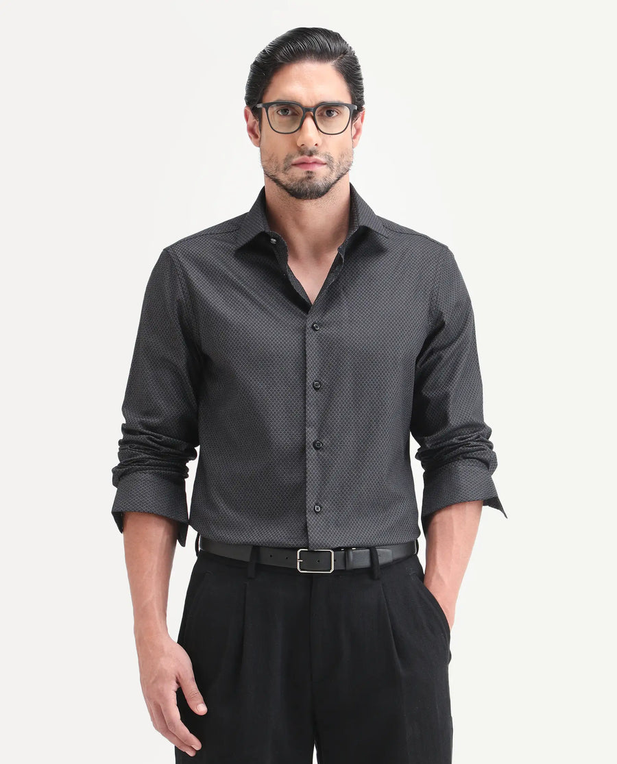 Rare Rabbit Men's Soga Black Cotton Fabric Full Sleeve Spread Collar Button Regular Geometric Print Shirt
