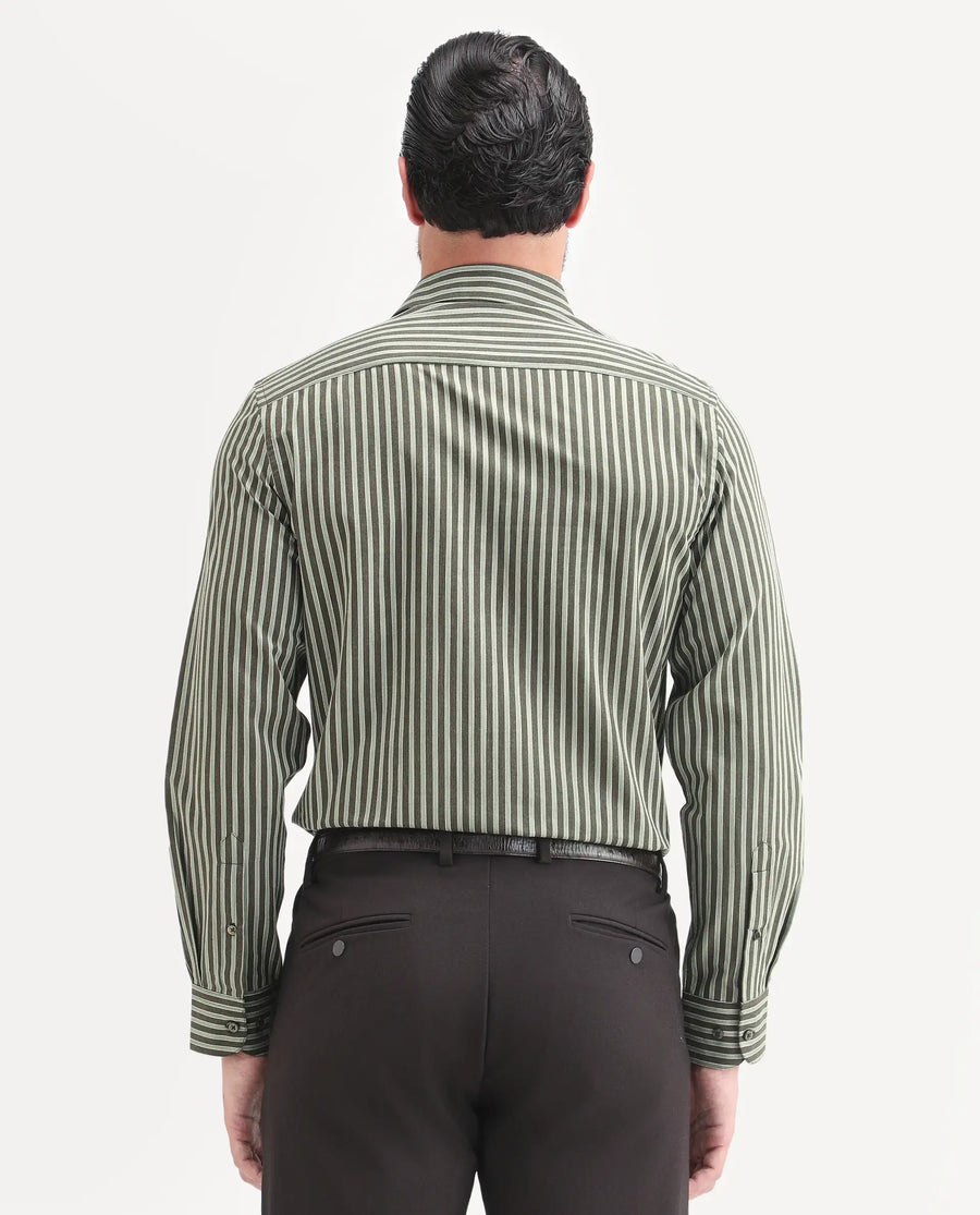 Rare Rabbit Men's Soti Green Cotton Full Sleeve Spread Collar Regular Fit Striped Shirt