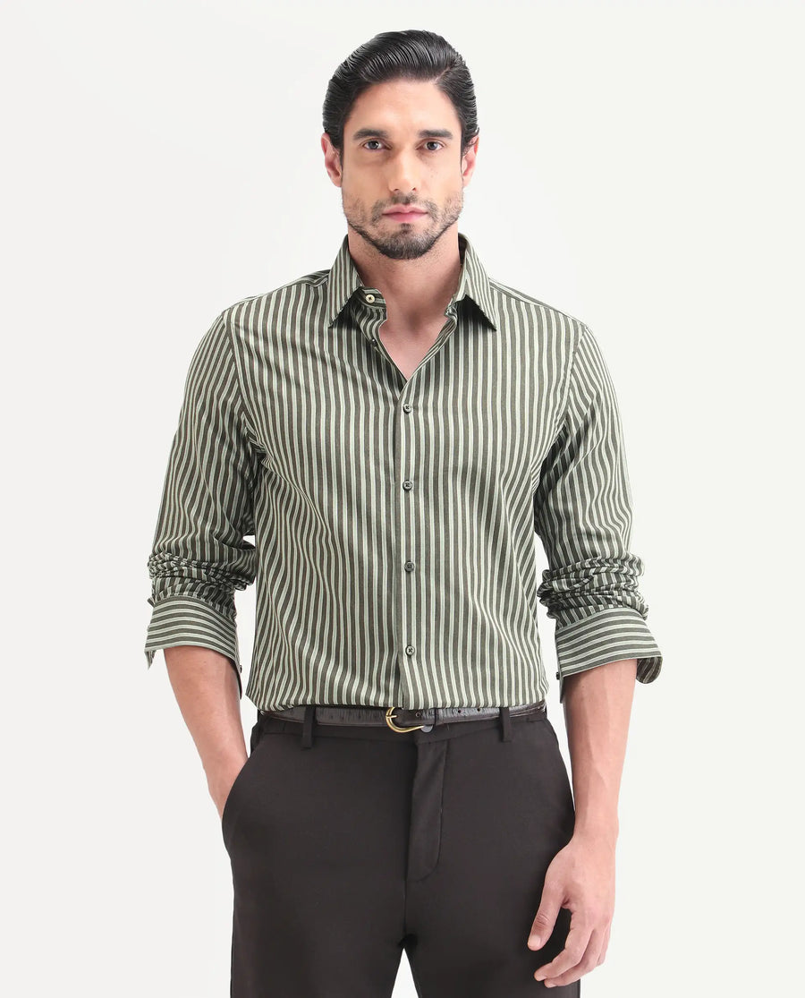 Rare Rabbit Men's Soti Green Cotton Full Sleeve Spread Collar Regular Fit Striped Shirt