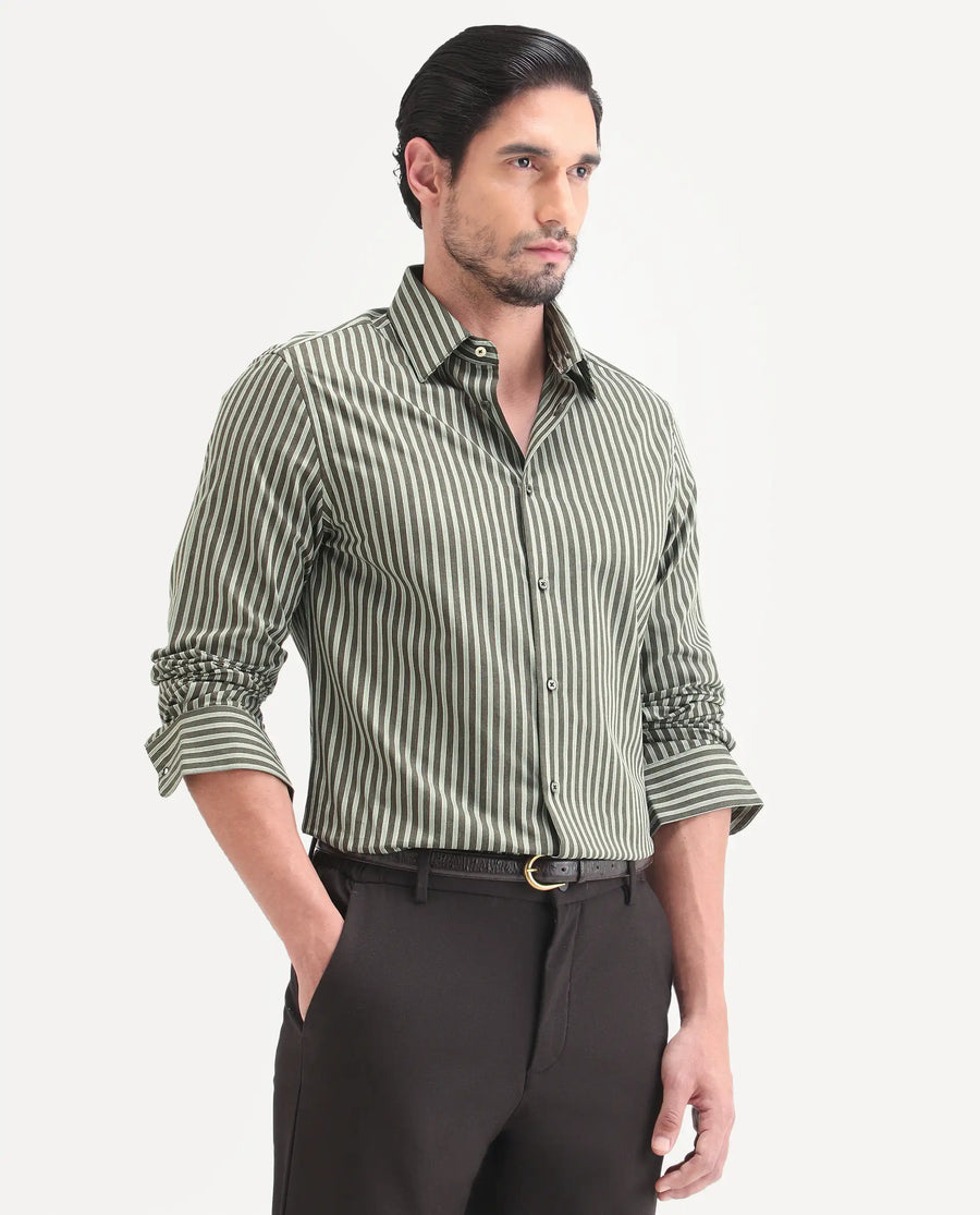 Rare Rabbit Men's Soti Green Cotton Full Sleeve Spread Collar Regular Fit Striped Shirt