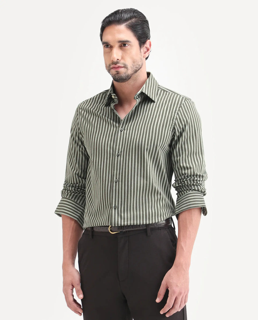 Rare Rabbit Men's Soti Green Cotton Full Sleeve Spread Collar Regular Fit Striped Shirt