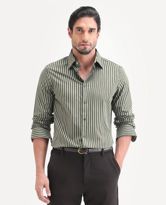 Rare Rabbit Men's Soti Green Cotton Full Sleeve Spread Collar Regular Fit Striped Shirt