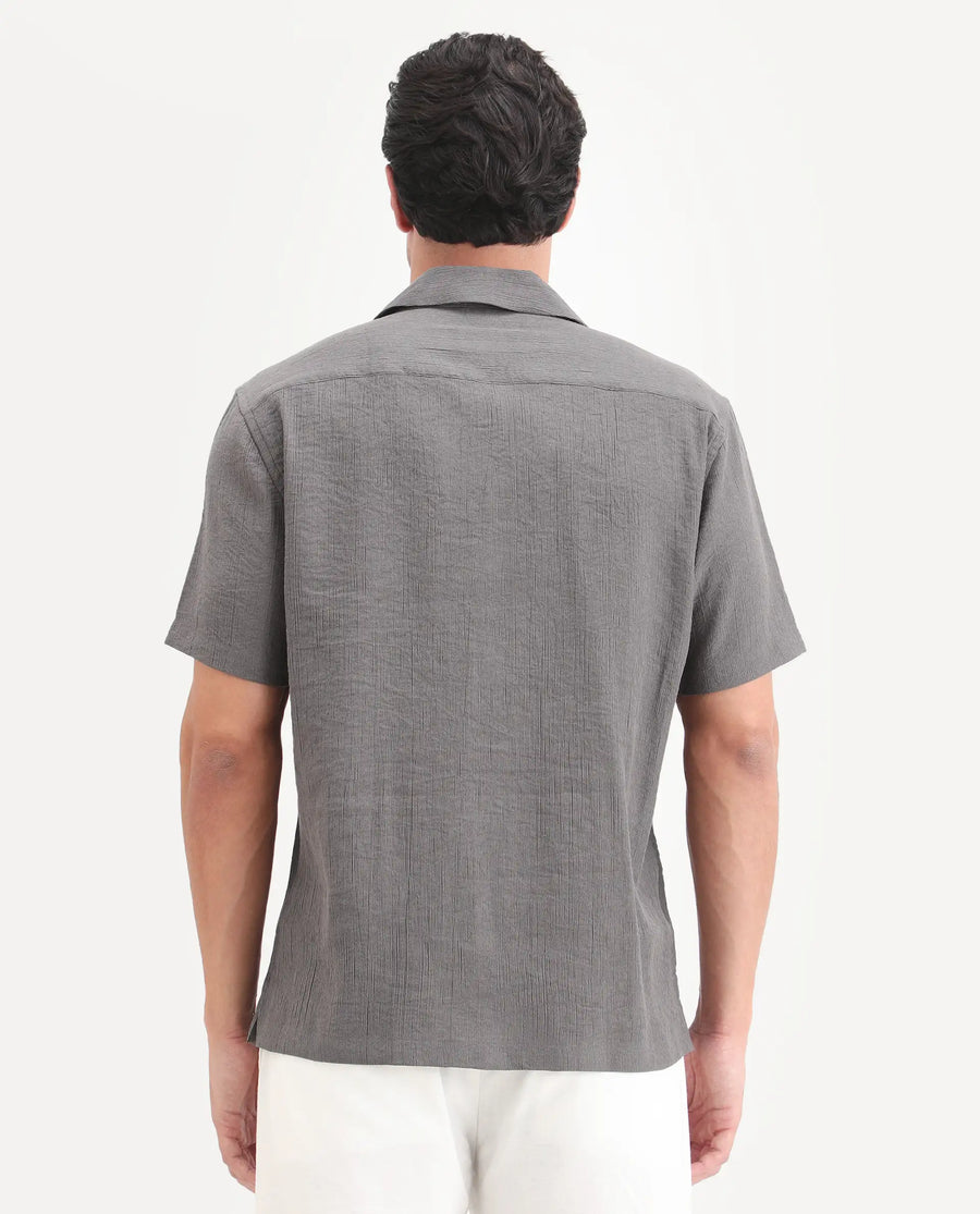 Rare Rabbit Men's Tali-S Dark Grey Viscose Blend Fabric Half Sleeve Cuban Collar Button Regular Plain Shirt