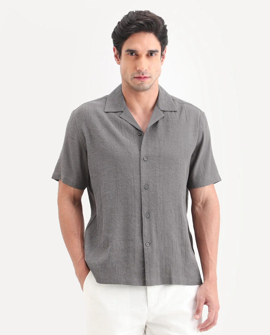 Rare Rabbit Men's Tali-S Dark Grey Viscose Blend Fabric Half Sleeve Cuban Collar Button Regular Plain Shirt