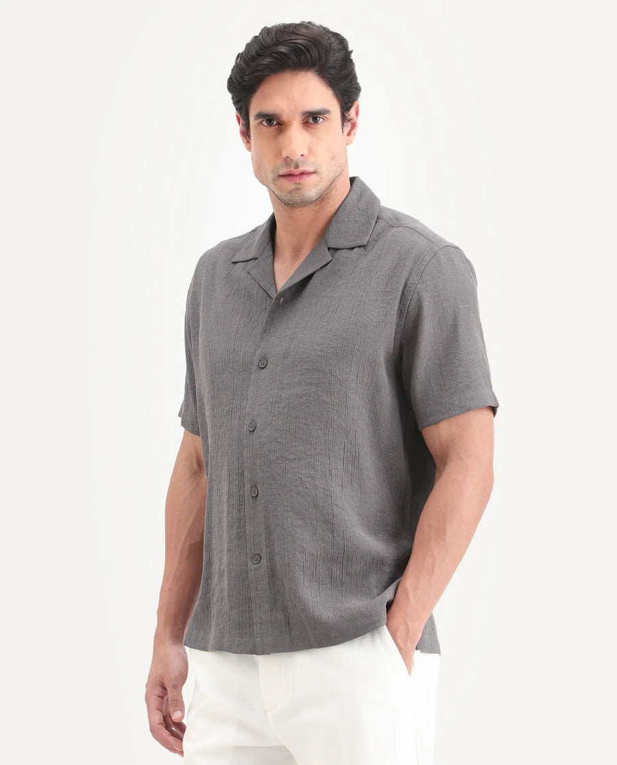 Rare Rabbit Men's Tali-S Dark Grey Viscose Blend Fabric Half Sleeve Cuban Collar Button Regular Plain Shirt