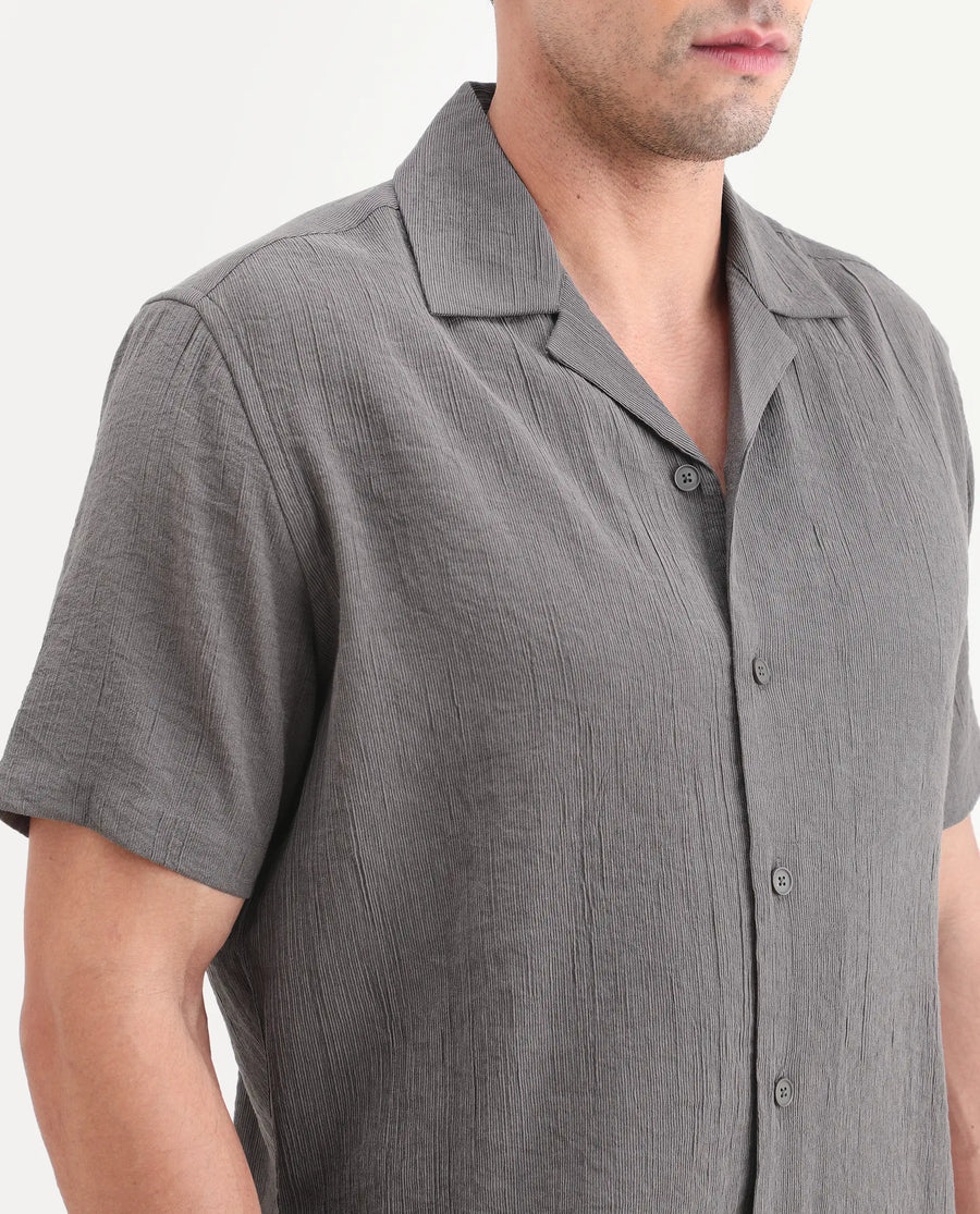 Rare Rabbit Men's Tali-S Dark Grey Viscose Blend Fabric Half Sleeve Cuban Collar Button Regular Plain Shirt