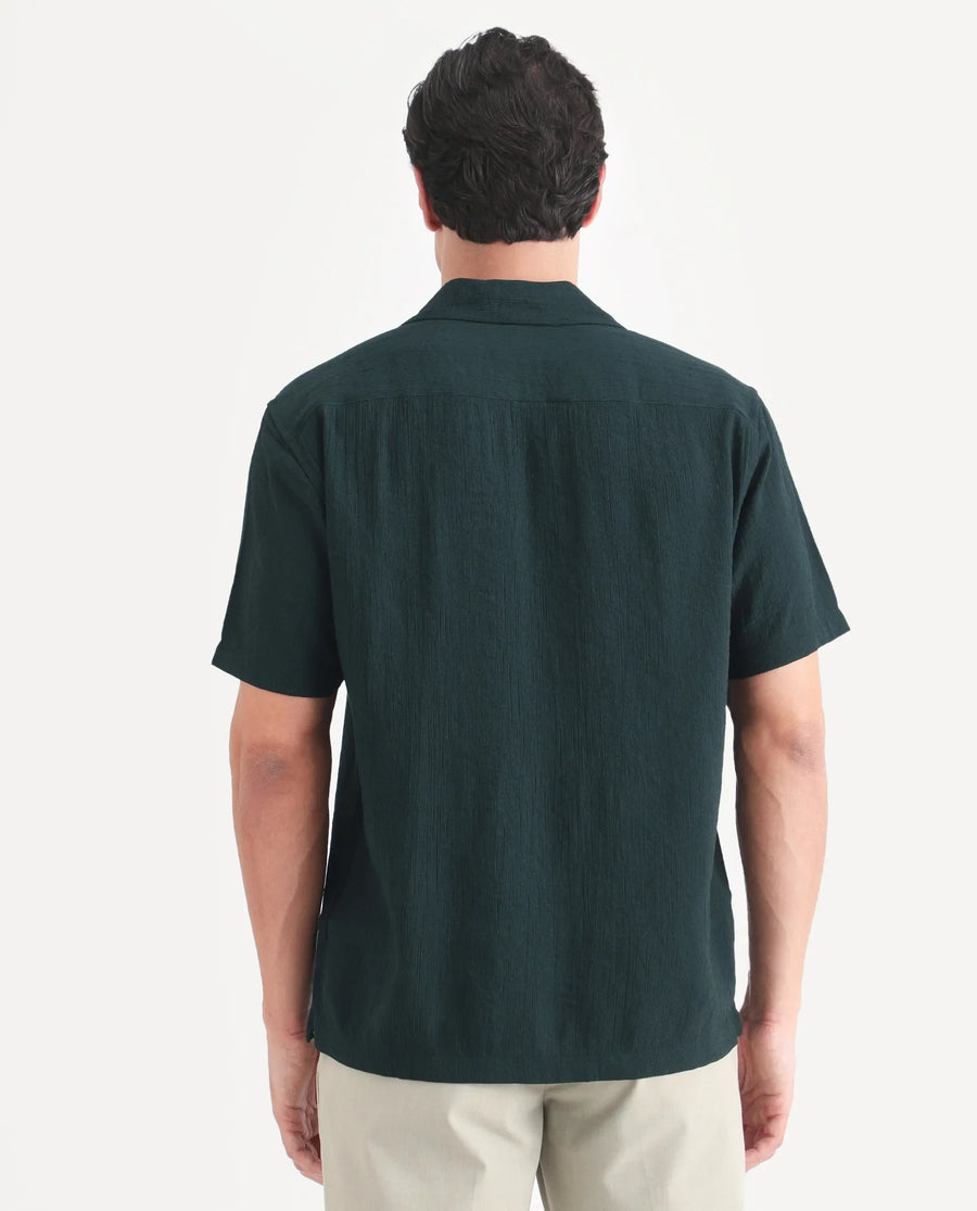 Rare Rabbit Men's Tali-S Green Viscose Blend Fabric Half Sleeve Cuban Collar Button Regular Plain Shirt