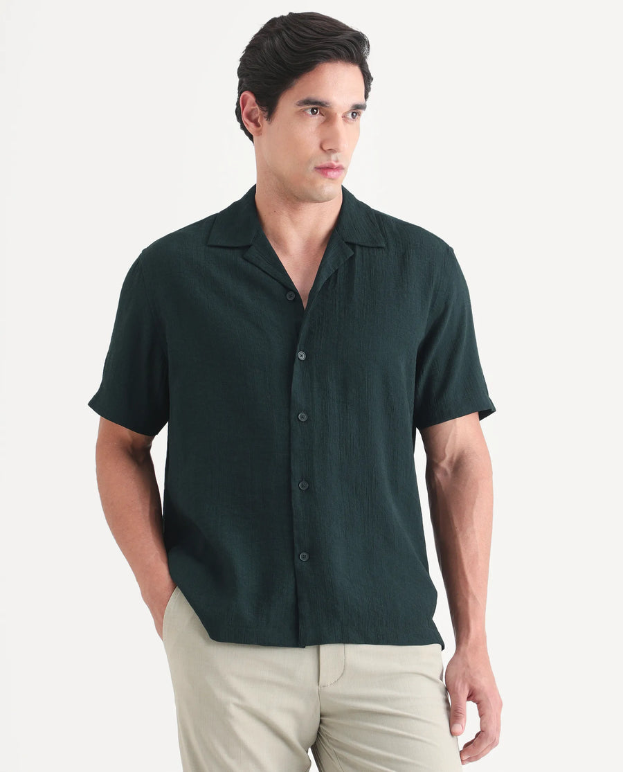 Rare Rabbit Men's Tali-S Green Viscose Blend Fabric Half Sleeve Cuban Collar Button Regular Plain Shirt