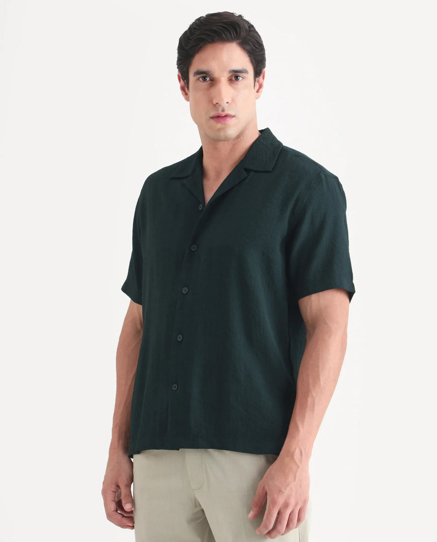 Rare Rabbit Men's Tali-S Green Viscose Blend Fabric Half Sleeve Cuban Collar Button Regular Plain Shirt