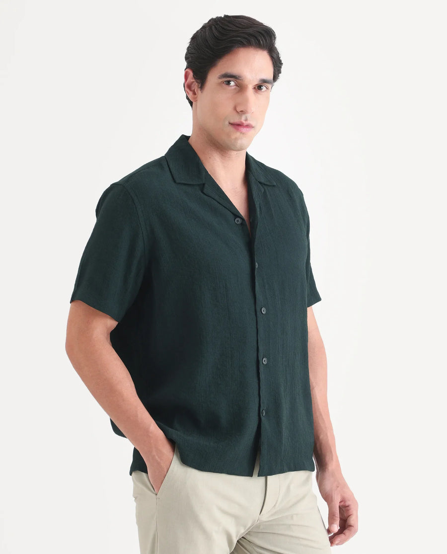 Rare Rabbit Men's Tali-S Green Viscose Blend Fabric Half Sleeve Cuban Collar Button Regular Plain Shirt