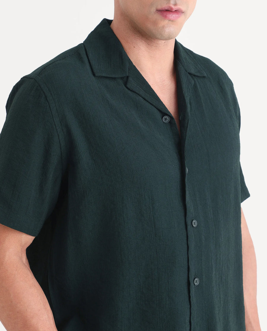 Rare Rabbit Men's Tali-S Green Viscose Blend Fabric Half Sleeve Cuban Collar Button Regular Plain Shirt