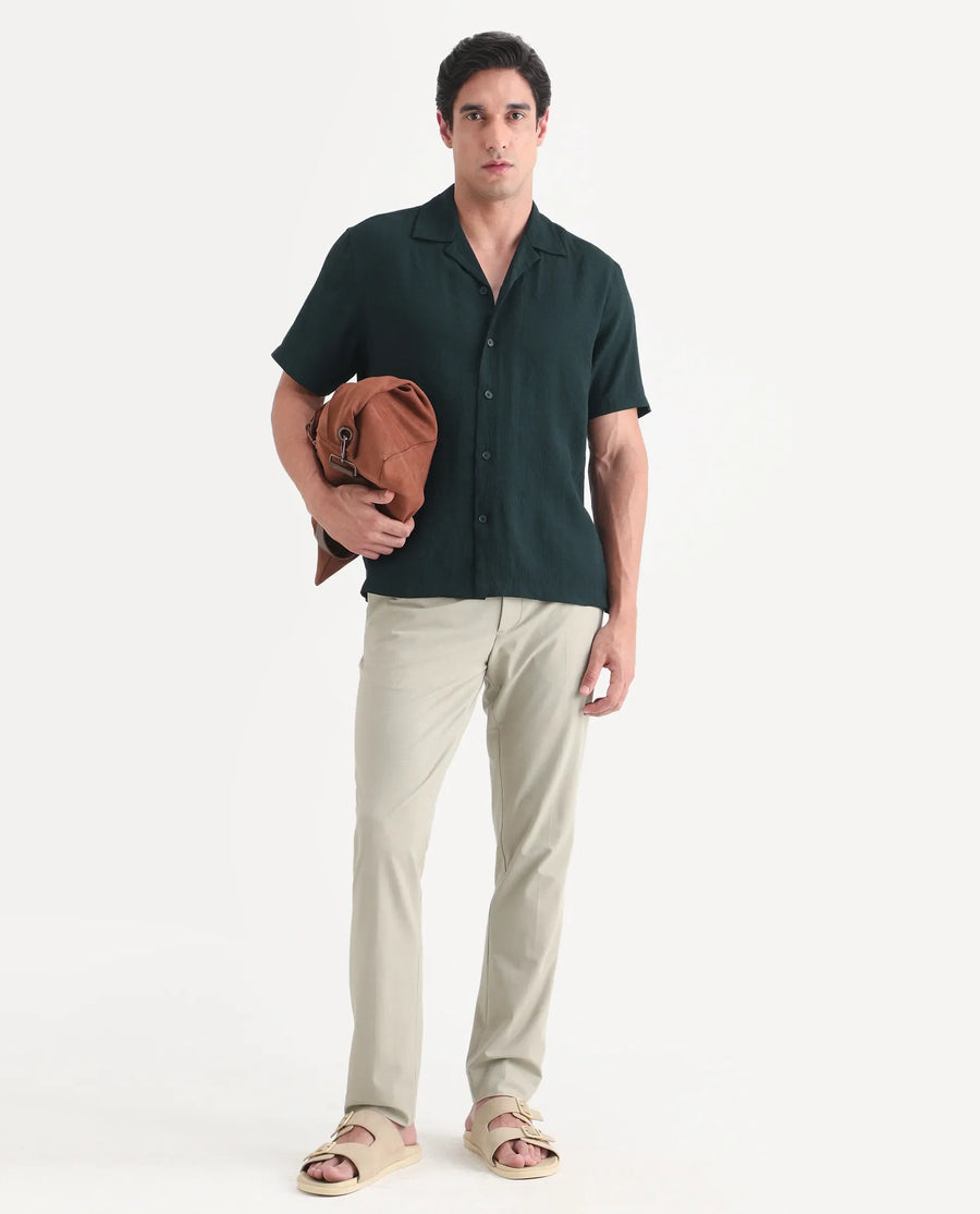 Rare Rabbit Men's Tali-S Green Viscose Blend Fabric Half Sleeve Cuban Collar Button Regular Plain Shirt