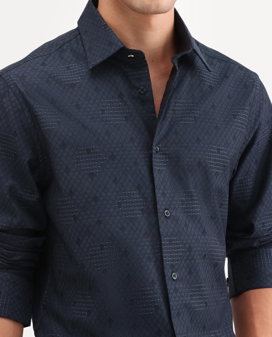 Rare Rabbit Men's Tham Navy Cotton Fabric Full Sleeve Spread Collar Button Regular Geometric Print Shirt