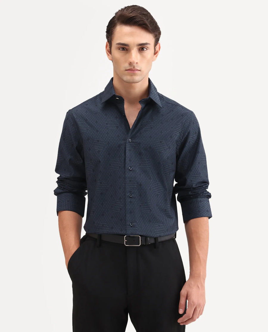 Rare Rabbit Men's Tham Navy Cotton Fabric Full Sleeve Spread Collar Button Regular Geometric Print Shirt